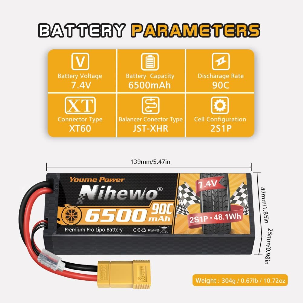 2S Lipo Battery 7.4V 6500mAh 90C RC Car Battery Hard Case with XT60+Tr Plug for 1/8 1/10 RC Car Truck Truggy Vehicle Boat Airplane Quadcopter Drone