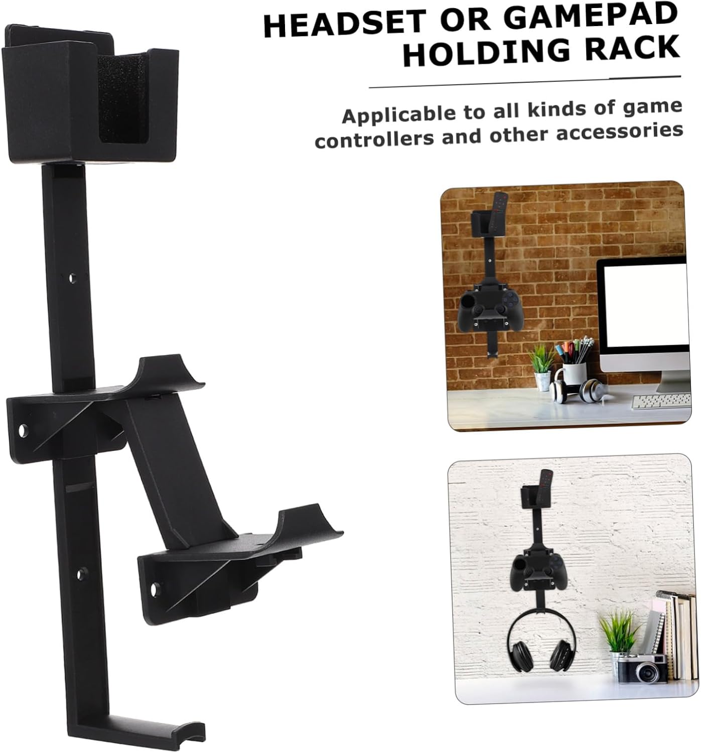 KALLORY Wall Mounted Headset Storage Rack and Gamepad Hanger for Remote Controller and Headphones, Black Abs Material with Safe and Stable Foundation, for Dormitory and Bar Organization