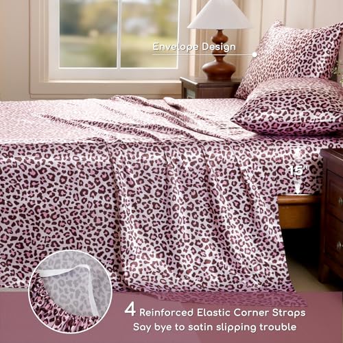 Image of MR&HM Satin Bed Sheets with Elastic Corner Straps, King Size Sheets Set, 4 Pcs Silky Bedding Set with 15 Inches Deep Pocket for Mattress (King, Pink Leopard)
