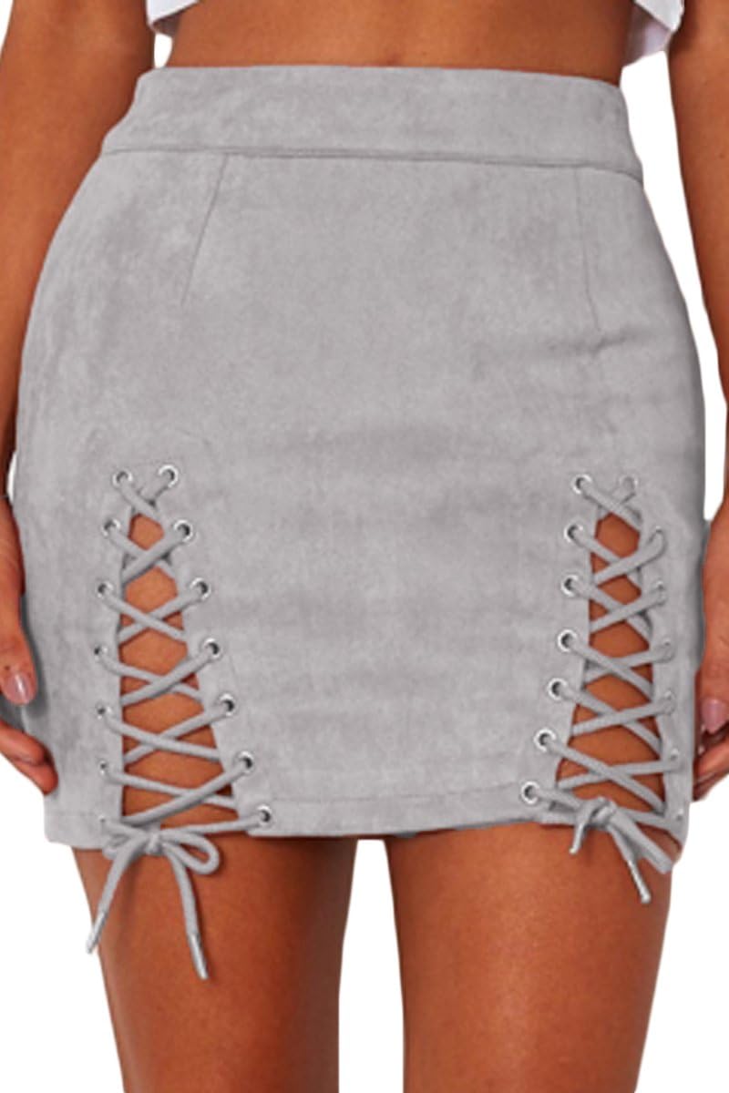 Almaree Womens Sexy Side Lace Up Cutout High Waist Bodycon Suede Mini Skirt