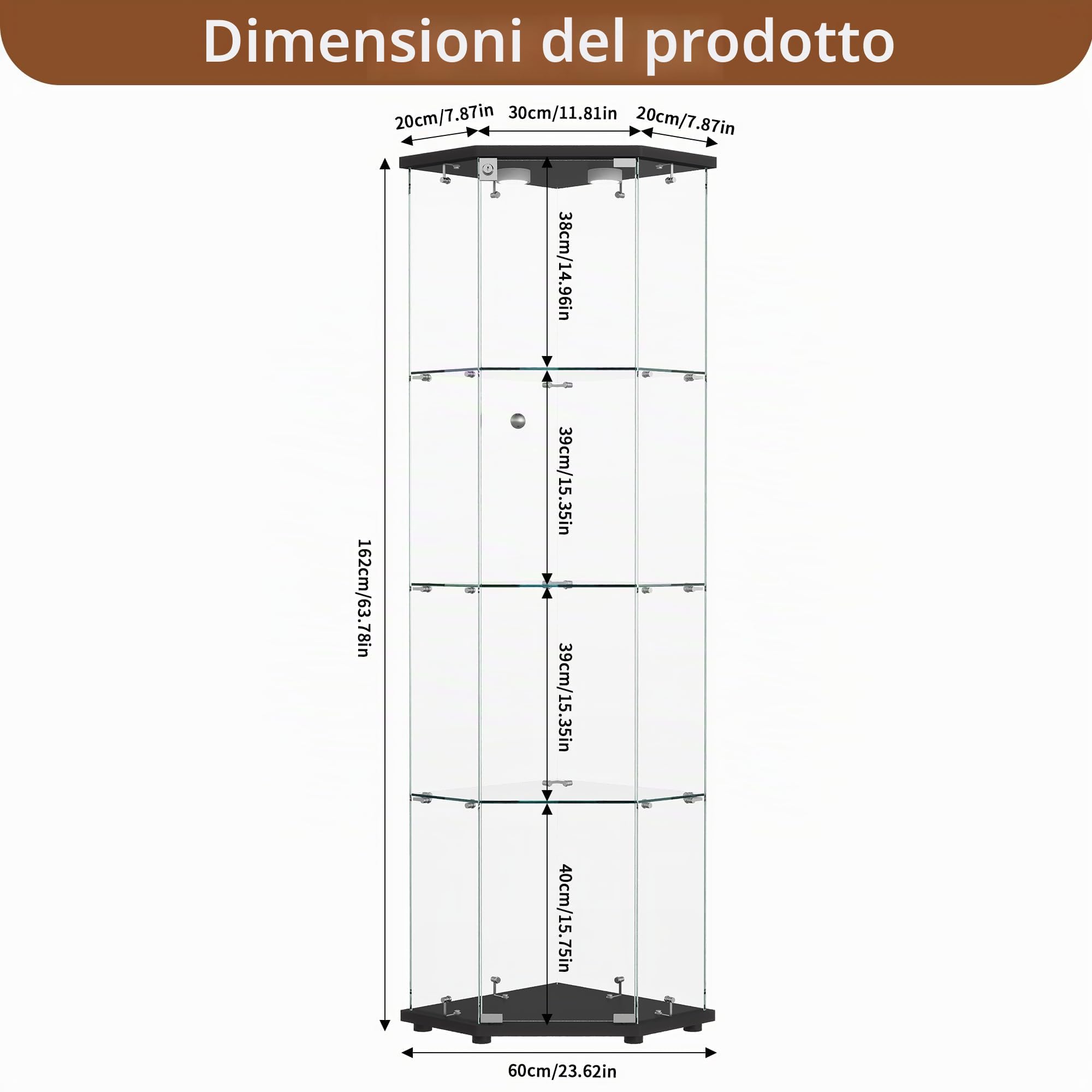 Vetrina Angolare in Vetro con illuminazione a LED, Espositiva Vetrina a 4 Strati da Collezione con Serratura, per Oggetti da Collezione, Libri, 4 Ripiani 1 Ante, Nero A