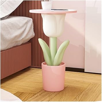 Small Side Table, Creative Tulip Coffee Table Flower Shape Decorative Resin Sofa End Table Bedside Table Space-Saving for Bedroom, Living Room, Entryway Color Pink