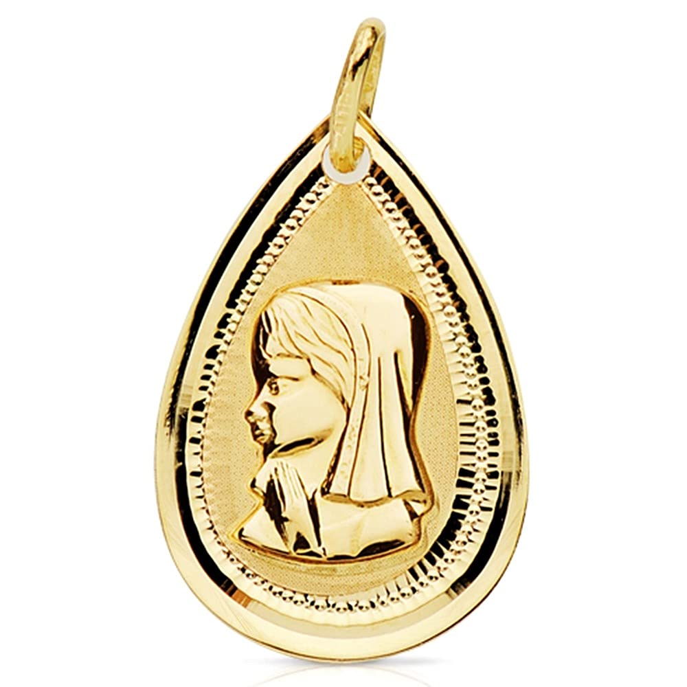 Medalla oro 18k Virgen Niña 20mm. forma lágrima detalle bisel