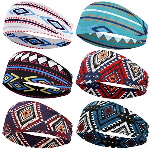 Carede Yoga Headbands for Women Bohemian Style Elastic Sports Running Head Wrap Wide Workout Hair Band,Pack of 6