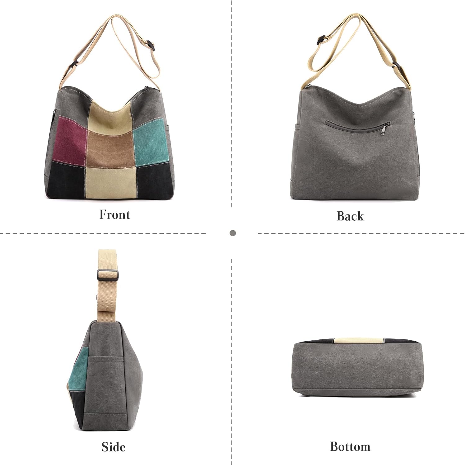 Women Canvas Shoulder Multi-Color Splice Crossbody Large Top Handle Multi-Pocket Tote Handbag Satchel - Image 6