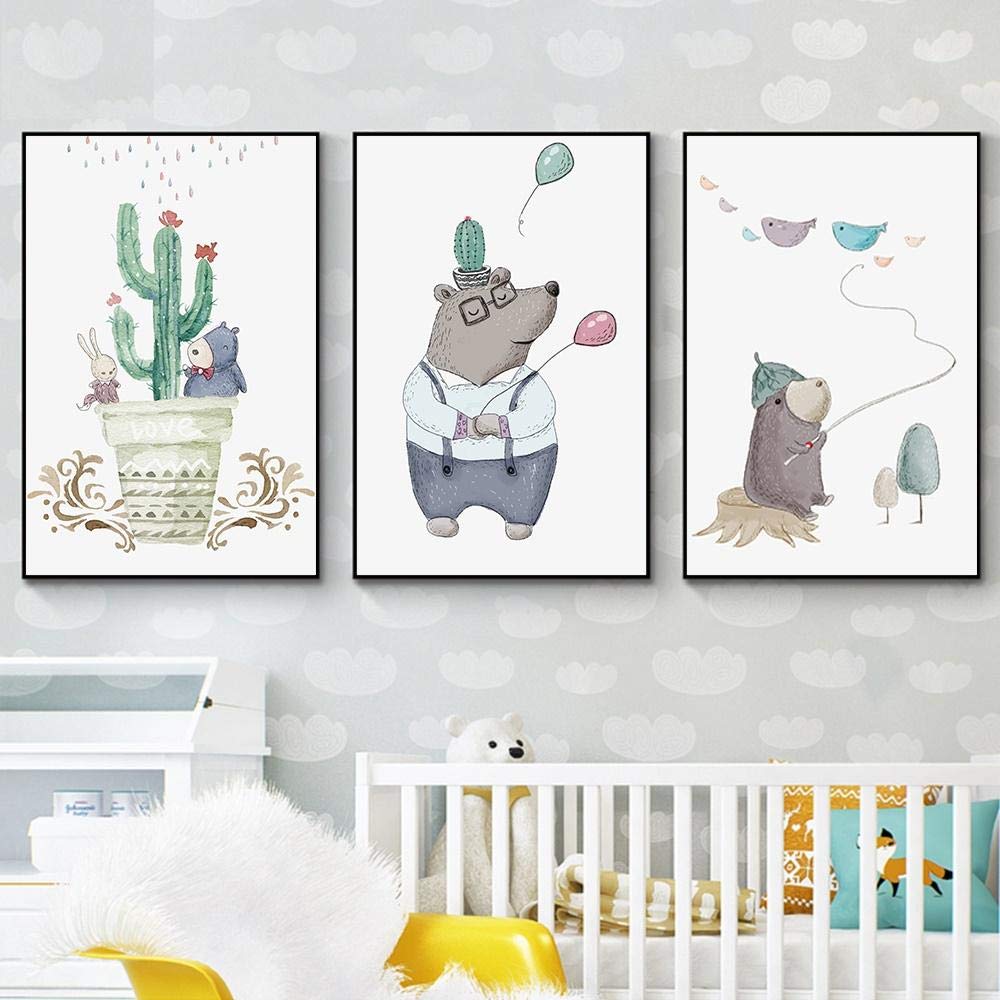 Cameretta Neonato Complementi Arredo Casa Simpatico Cartone Animato Orso Bruno Stampa Pittura Cactus Immagine Arte Della Parete Su Tela Poster Per Bambini Camera Dei Bambini 50 * 70 cm Incorniciato