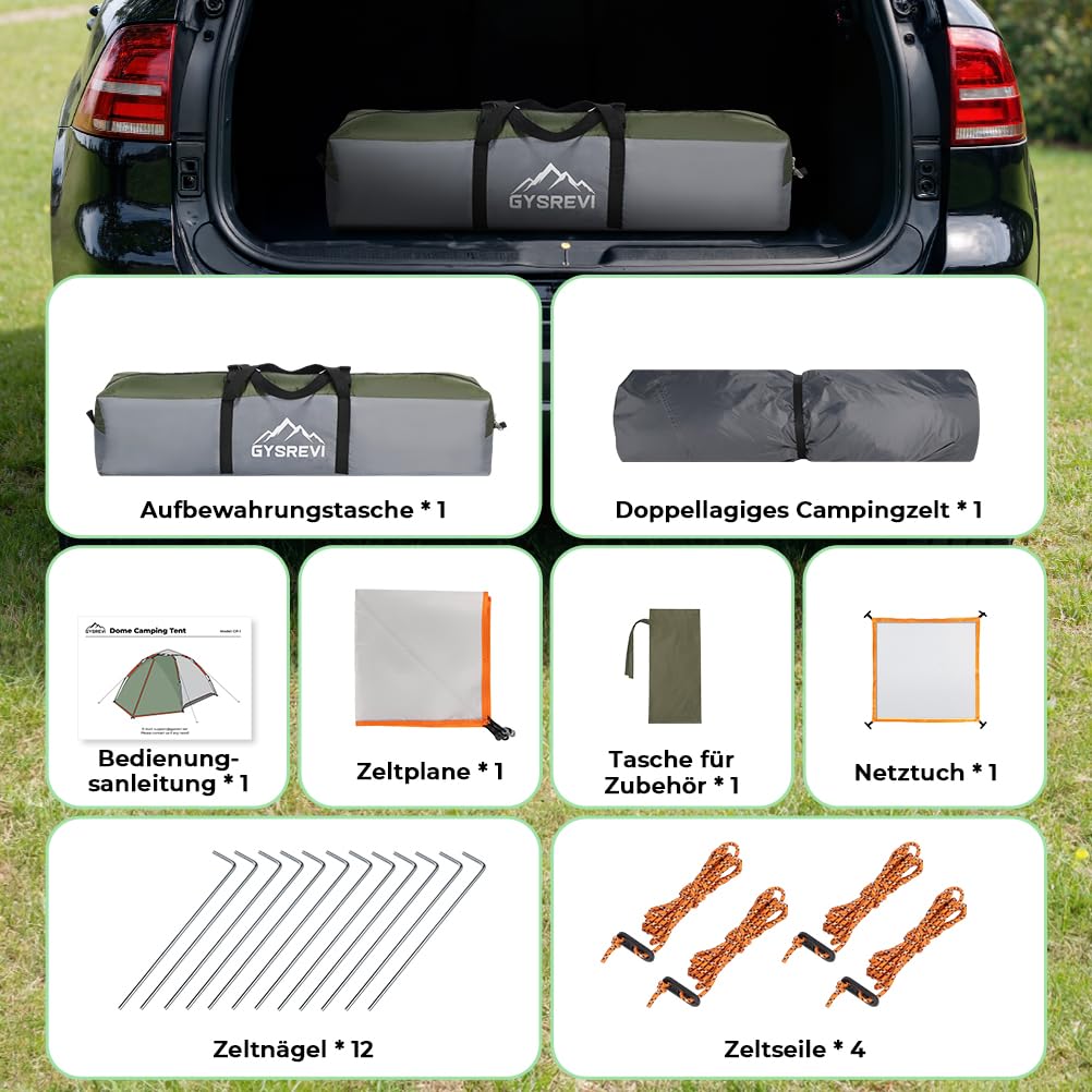 Camping Zelt Automatisches 3 Personen Instant Zelt Pop Up Zelt 4 Jahreszeiten Winddicht Wasserdicht Kuppelzelt mit 2 Mesh-Tür, 2 Mesh-Fenster, 2 in 1 Doppelschichten, Tragetasche für Familie