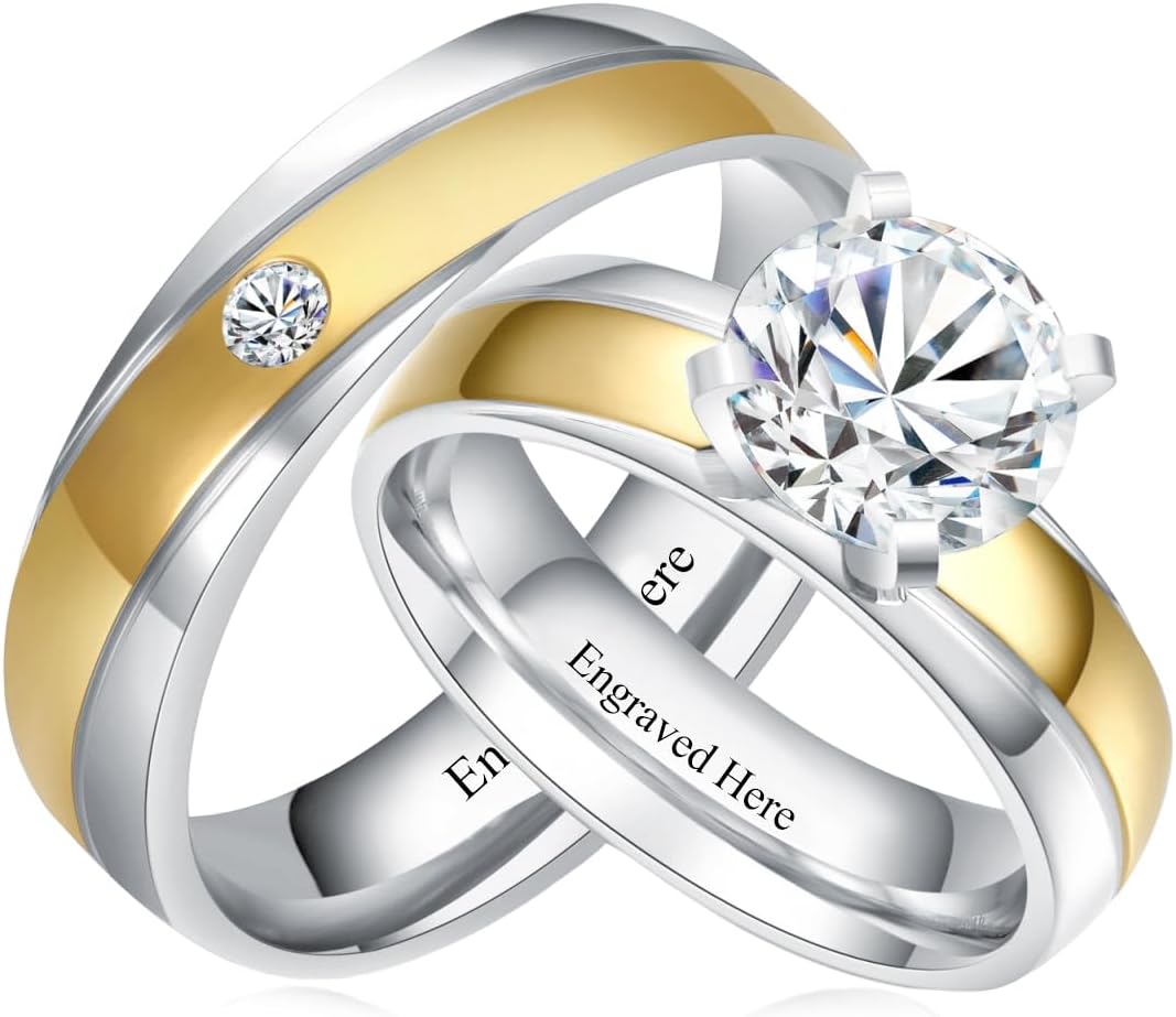 DIYA Personalized Moissanite Wedding Band Set Marriage Rings for Couples Set Sterling Silver 10K 14K 18K Ring Sets for Him and Her Anniversary Birthday Gifts, Size 4-14