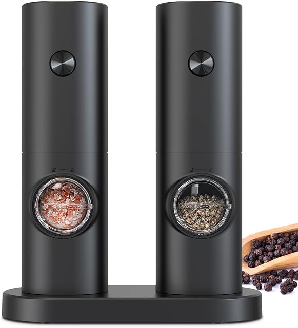 COKUNST Electric Pepper and Salt Grinder Set, Battery Powered Adjustable 5 Levels of Coarseness Black Pepper Grinder Mill with Stand, Automatic Grinding with LED Light for BBQ Resturant Kitchen