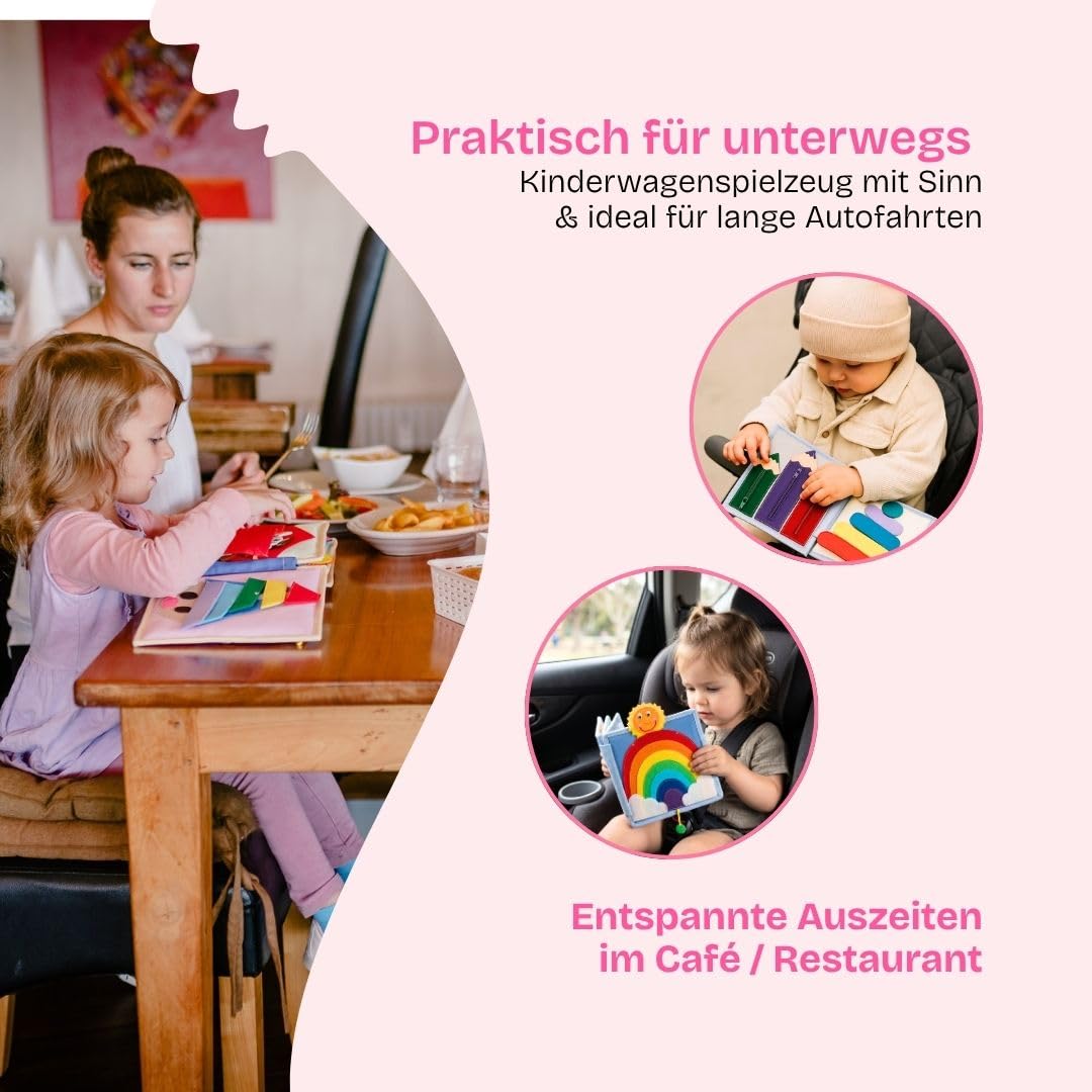 Jolly Designs – Mini Quiet Book Sonnenschein – Montessori Spielzeug ab 18 Monaten – Motorik & Kreativität fördern – Busy Book aus Filz – Handgefertigtes Filzbuch – Perfekt für unterwegs & Reisen