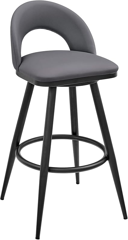 Armen Living Charlotte Swivel Bar Stool in Black Metal with Grey Faux Leather