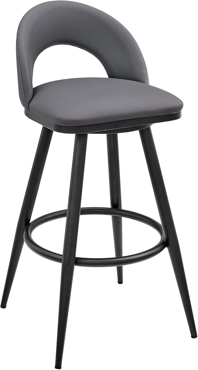Armen Living Charlotte Swivel Bar Stool in Black Metal with Grey Faux Leather