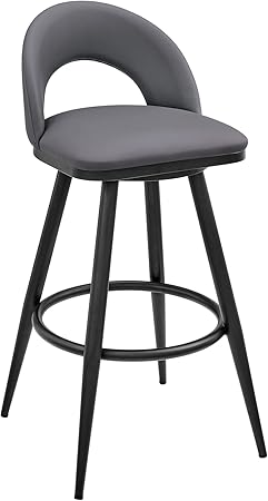 Armen Living Charlotte Swivel Bar Stool in Black Metal with Grey Faux Leather