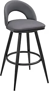 Armen Living Charlotte Swivel Bar Stool in Black Metal with Grey Faux Leather