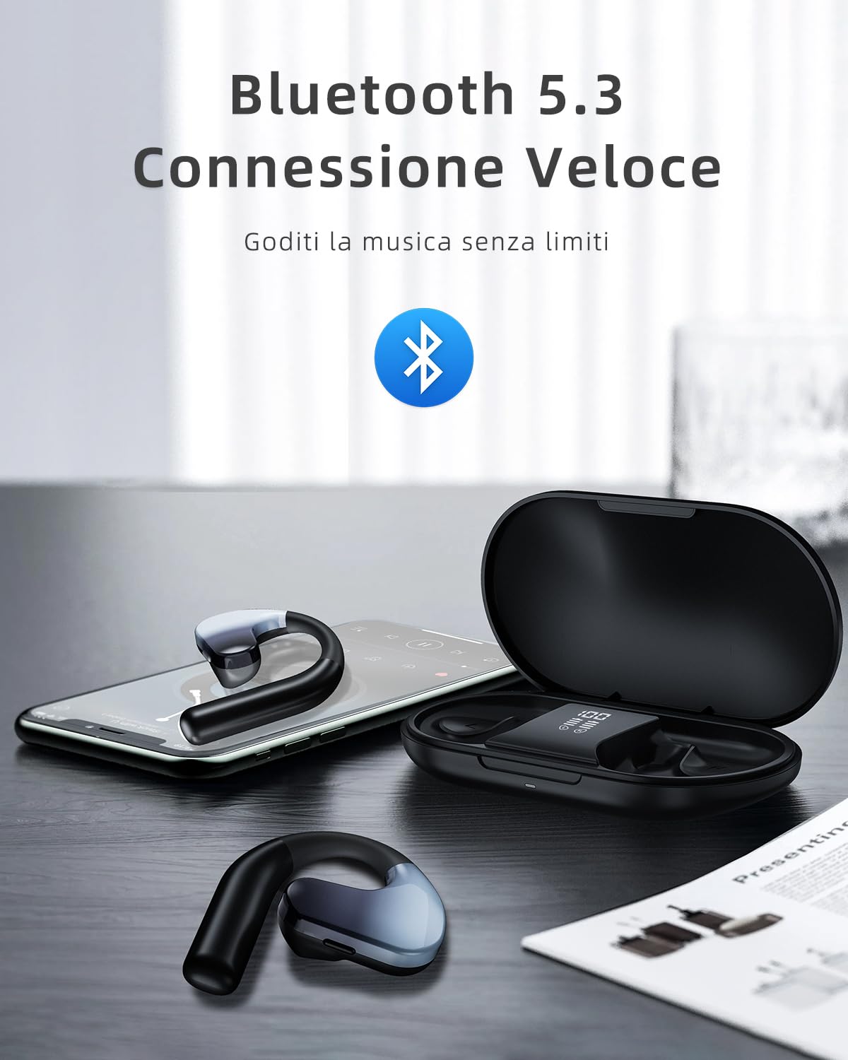 HIFI WALKER Cuffie Open-Ear Bluetooth 5.3 Sport, Driver HiFi 16,2mm, 12h Musica, Cuffie Wireless Bluetooth per Correre, Multi-Device, 8h Chiamate, 50h Standby