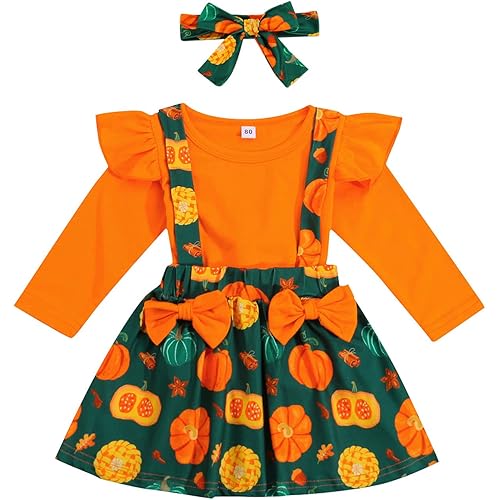 Toddler Kids Girls Suspender Skirt Set 3 Piece Christmas Halloween Pumpkins Outfits Fly Long Sleeve Top Skirt Headband