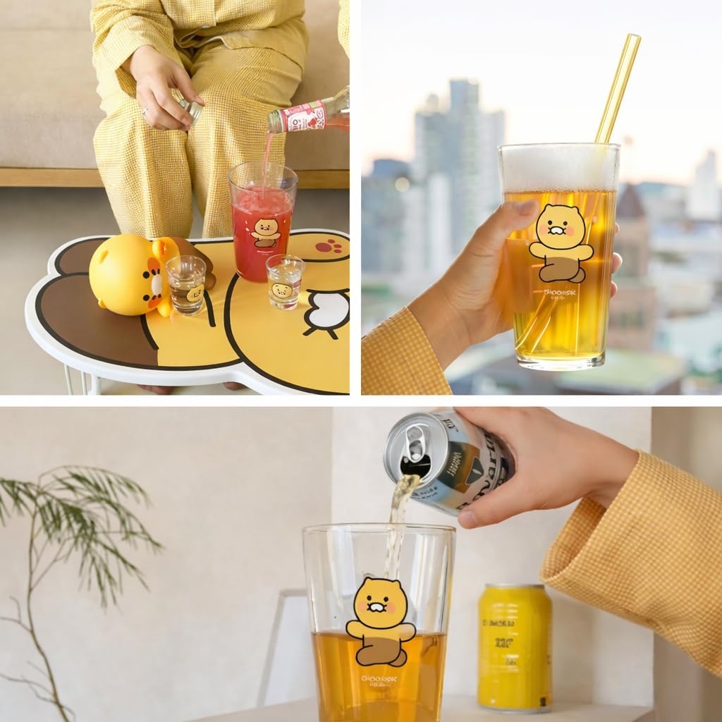 MYTEMS Kakao Choonsik Beer Glass and Soju Shot Glass Set with Bottle Opener, Cute Character Drinkware, 3-Piece Glass Cup Set 춘식이 소주잔 맥주잔 소맥잔 somaek somek somek