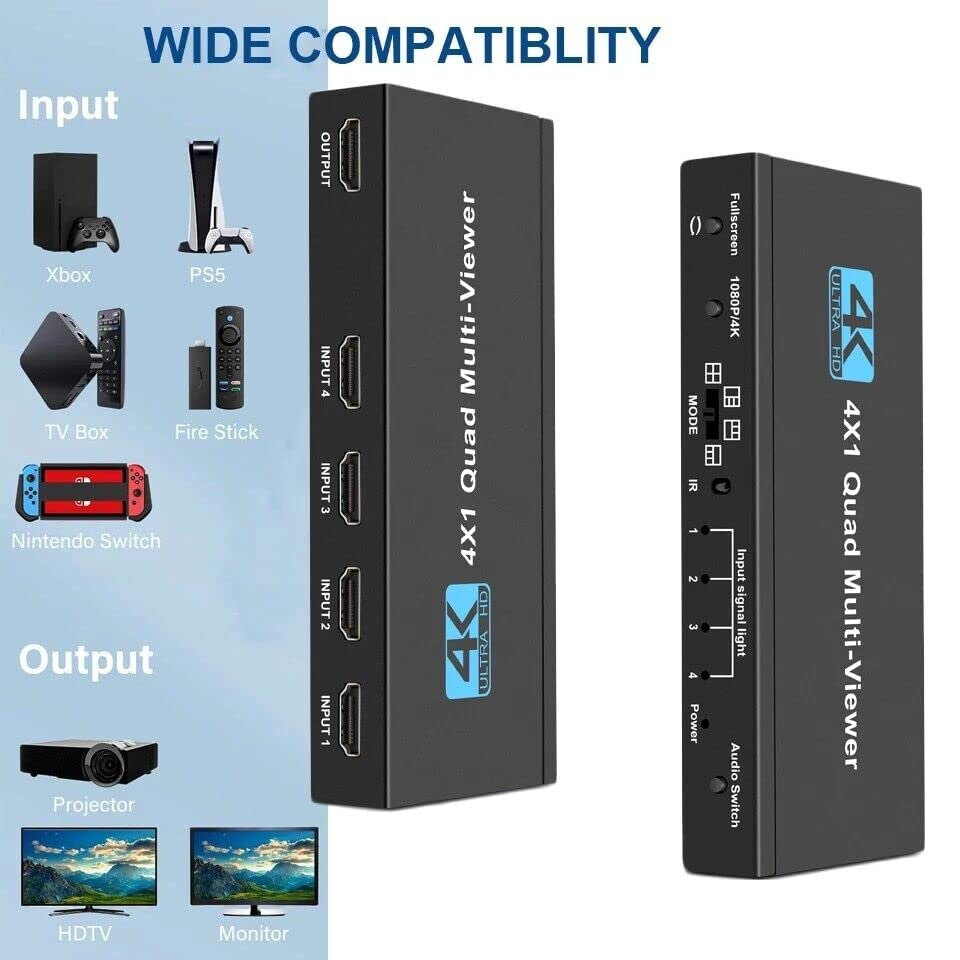 Image of Tobo HDMI Swithcer 4X1 HDMI Quad Multi-Viewer HDMI Switcher 1080p HDMI Splitter Seamless IR Control EU 3D Support 5 Modes PS3 /PC /STB /DVD