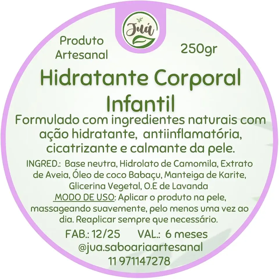Alergias Dermatite Eczema e pele sensível? Hidratante Infantil Natural com Camomila, Lavanda e Aveia, Livre de Parabenos (250 gramas)