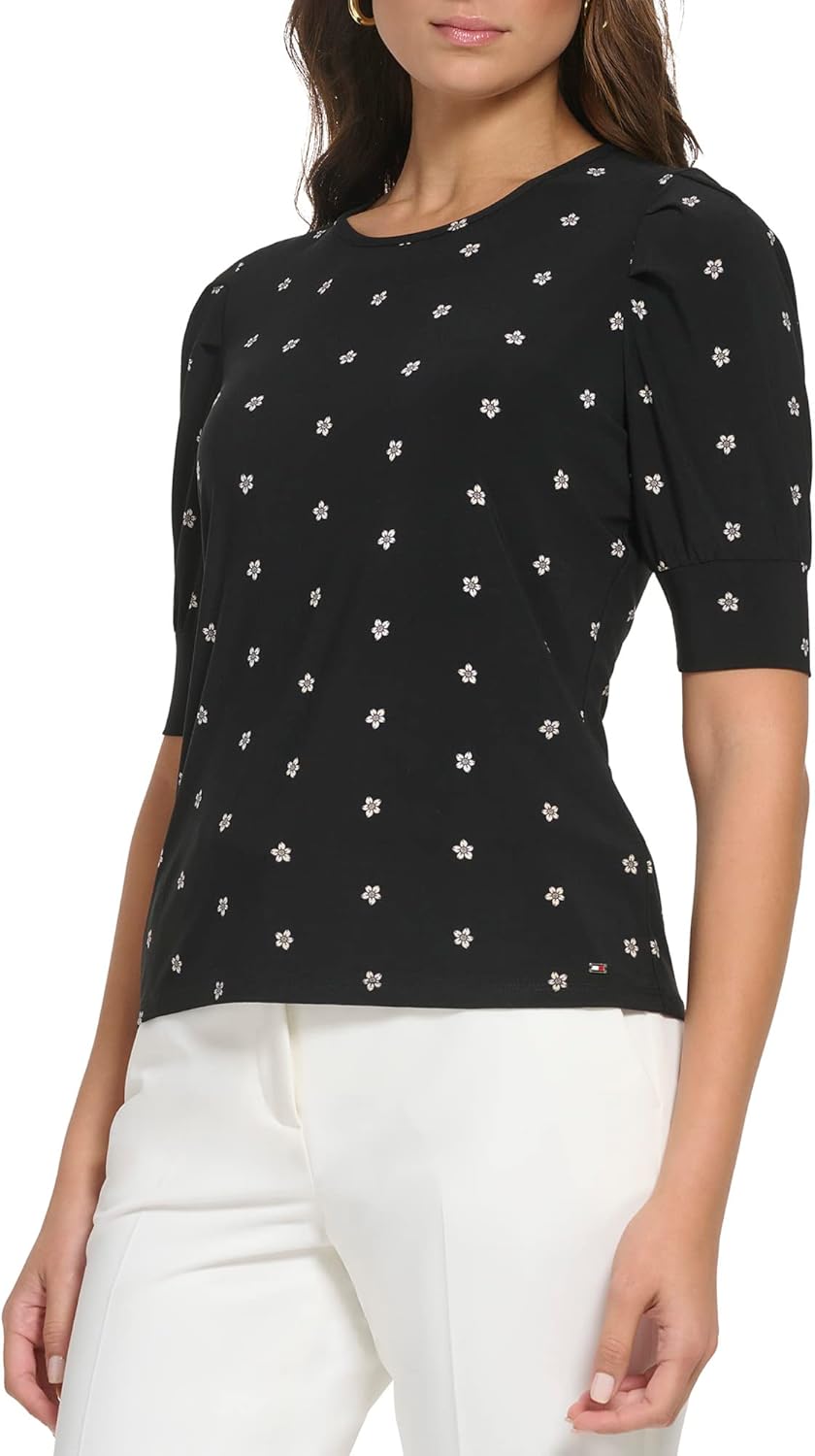 Tommy Hilfiger Women's Work Top Floral Short Sleeve Puff Sleeve Sportswear Knit Tops - Image 4