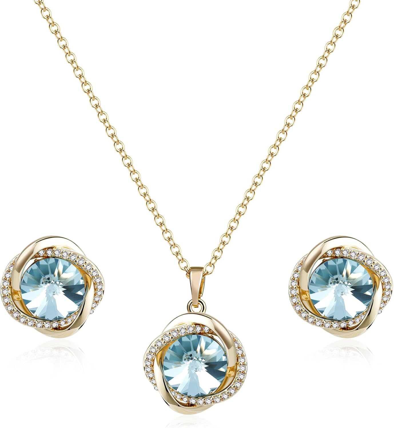 Aquamarine Jewelry Set for Women 14K Gold Plated Blue Necklace and Earrings Set with March Birthstone Floral Edge Design Sparkling for Evening Party and Dance Party