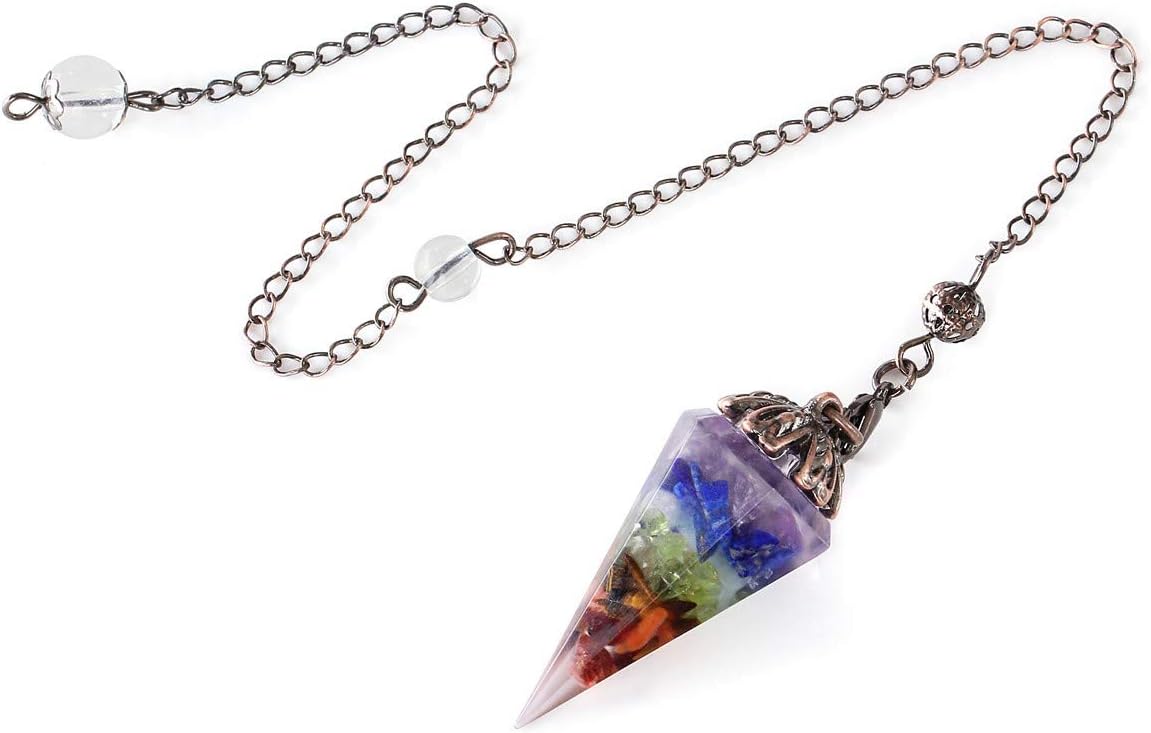 Jovivi Natural 7 Chakra Gemstone Healing Crystals Pendulum for Dowsing Divination 6 Facted Hexagon Pointed Cone Reiki Pendulum Pendant with Chain