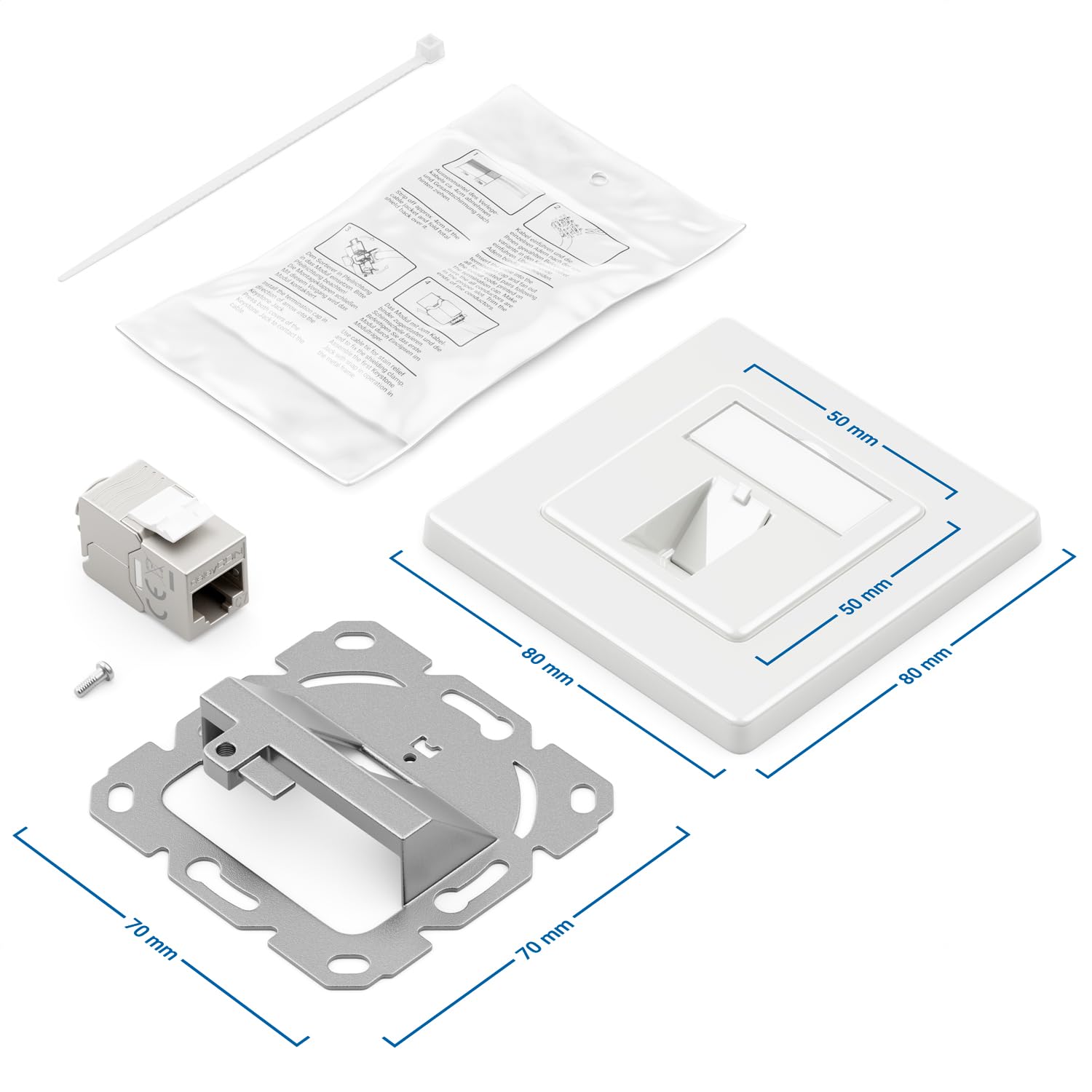 deleyCON 5x Prise Réseau CAT7 1 Port - 10 Gigabit - Boîte Encastrable Ethernet LAN/Prise de Raccordement de Données Blindée + 5x Module Keystone CAT7 RJ45 - Câble Patch DSL Réseau à Poser - Blanc | Prise Ethernet LAN, boîte de jonction, prise de données b