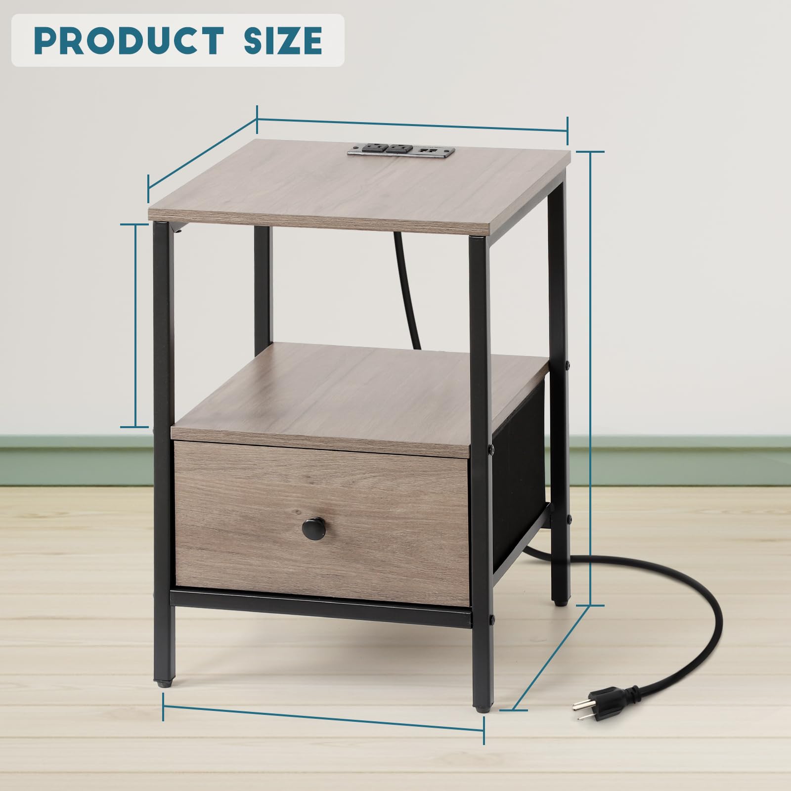 Tochiyoga Nightstand with Charging Station, 16" x 16" x 23" Rustic Side Table for Bedroom, Couch End Table, Living Room Table with Drawer