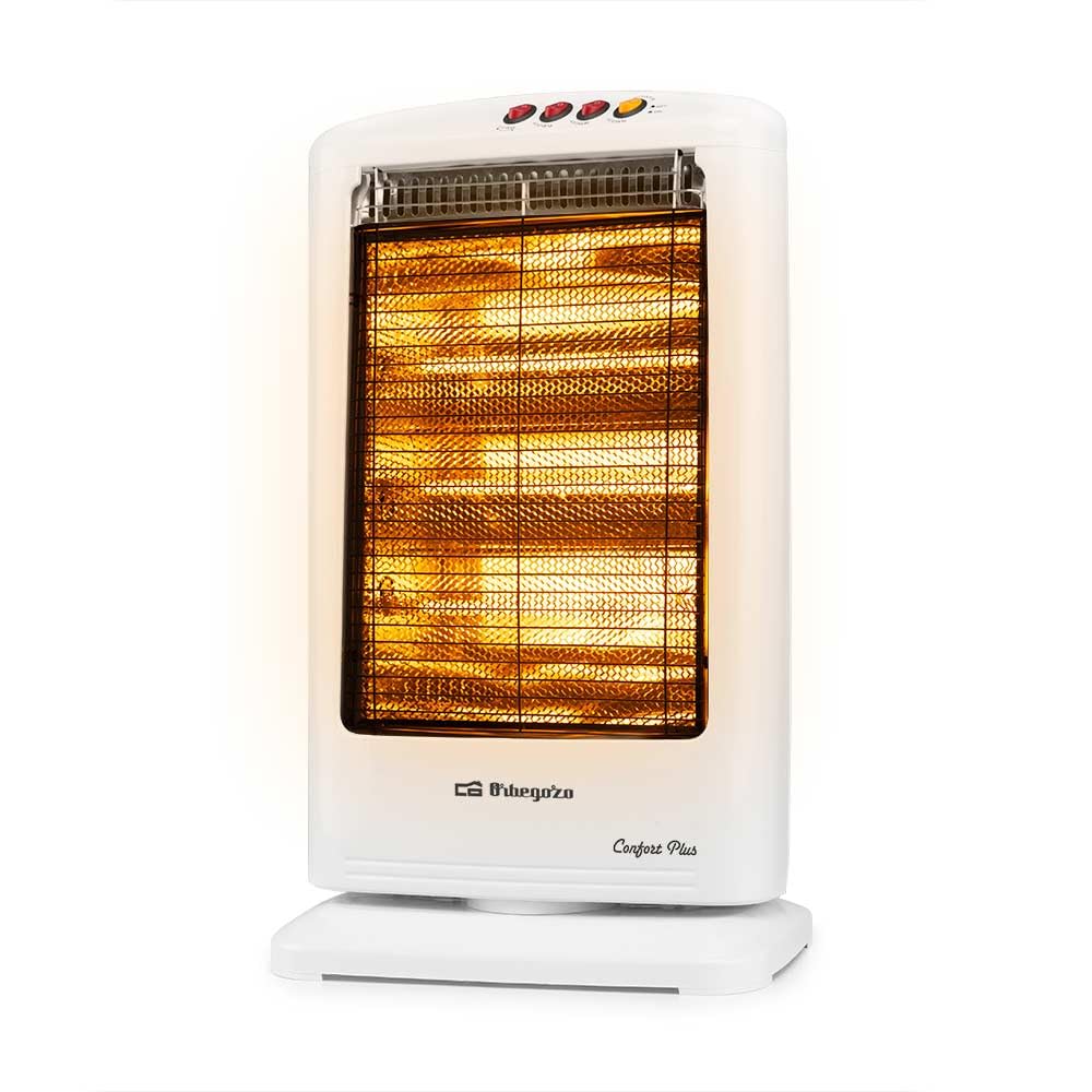 Orbegozo BP 0303 B, Estufa halógena, 3 niveles de potencia, 1200 W, emisión instantánea de calor, antivuelco, asa facil transpoerte, sistema oscilación automática, color blanco
