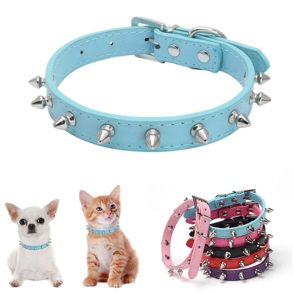 Spiked Dog Collar for Small Dogs Mushrooms Rivet Soft Pu Leather Spike Stud Studded Cat Collar Adjustable for Mini Tiny Breed Pet Teacup Puppy Blue S