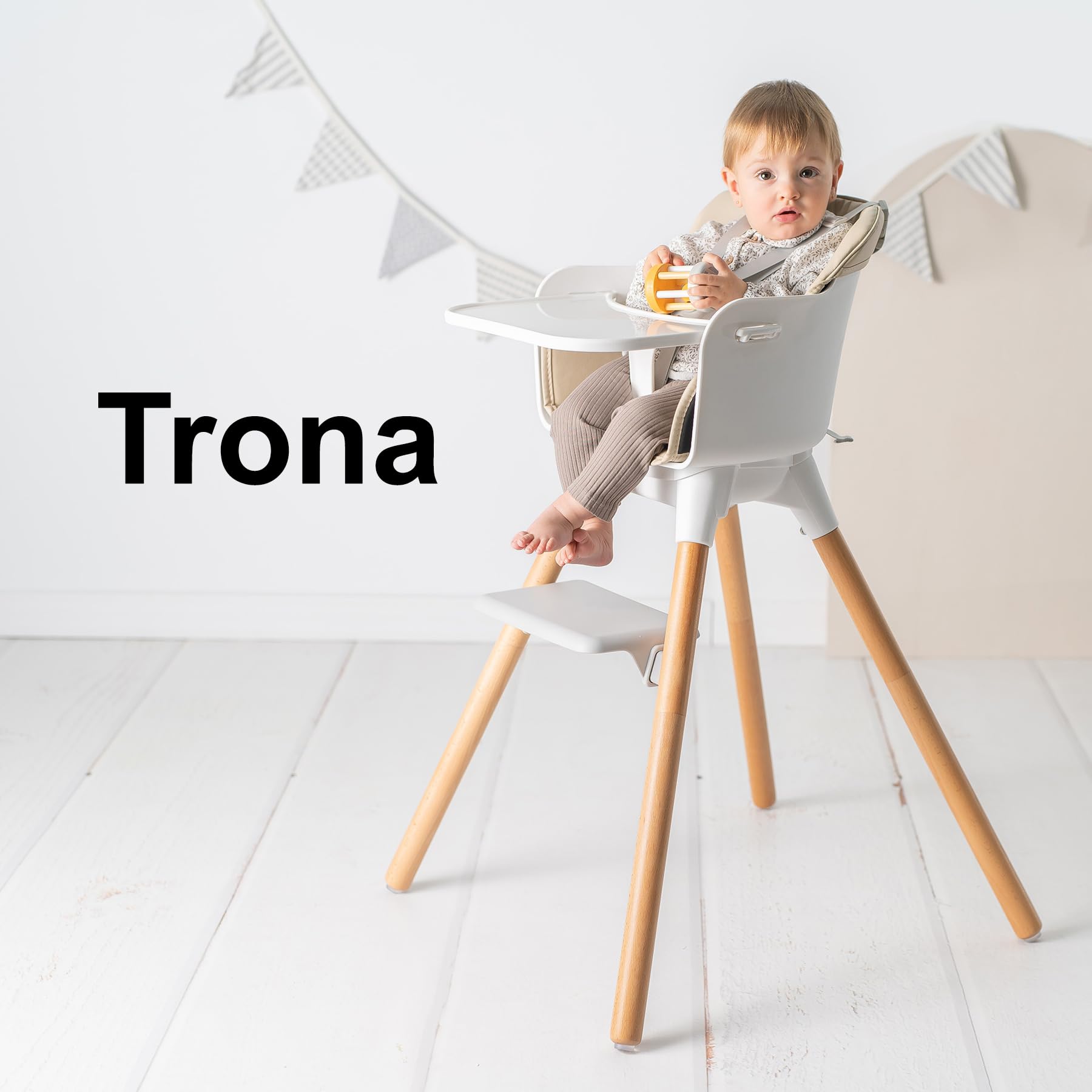 Olmitos – Trona bebé Convertible 2 en 1 Mesa con Silla para Niños KOMBO - Seguridad, Madera de Haya, Arnés de 5 Puntos, Plegable y Ajustable – 6+ meses hasta 15kg (Beige)