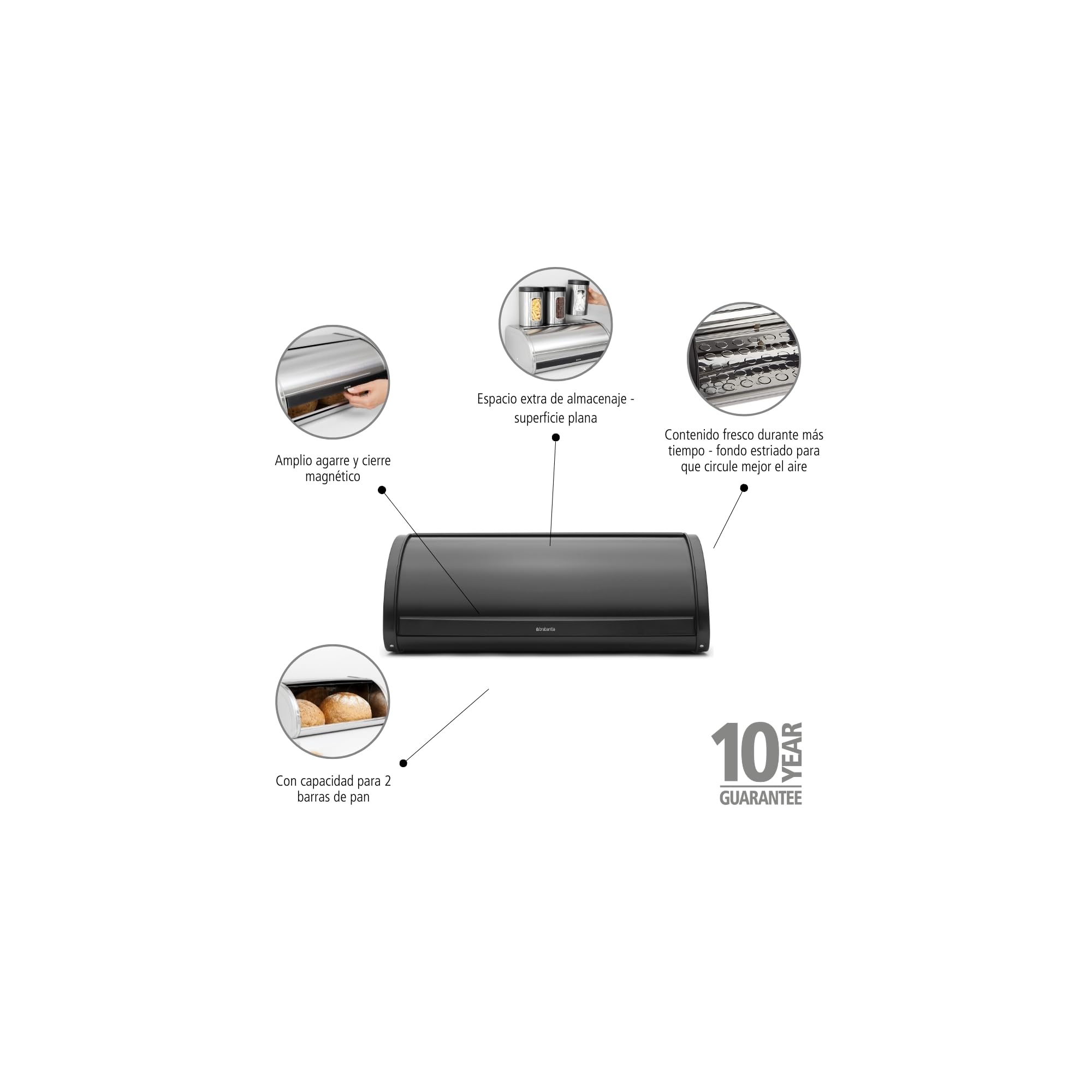Brabantia Panera Roll Top - Caja de almacenamiento grande para pan, bagels, panecillos - Diseño eficiente con parte superior plana, Metal duradero - Matt Black