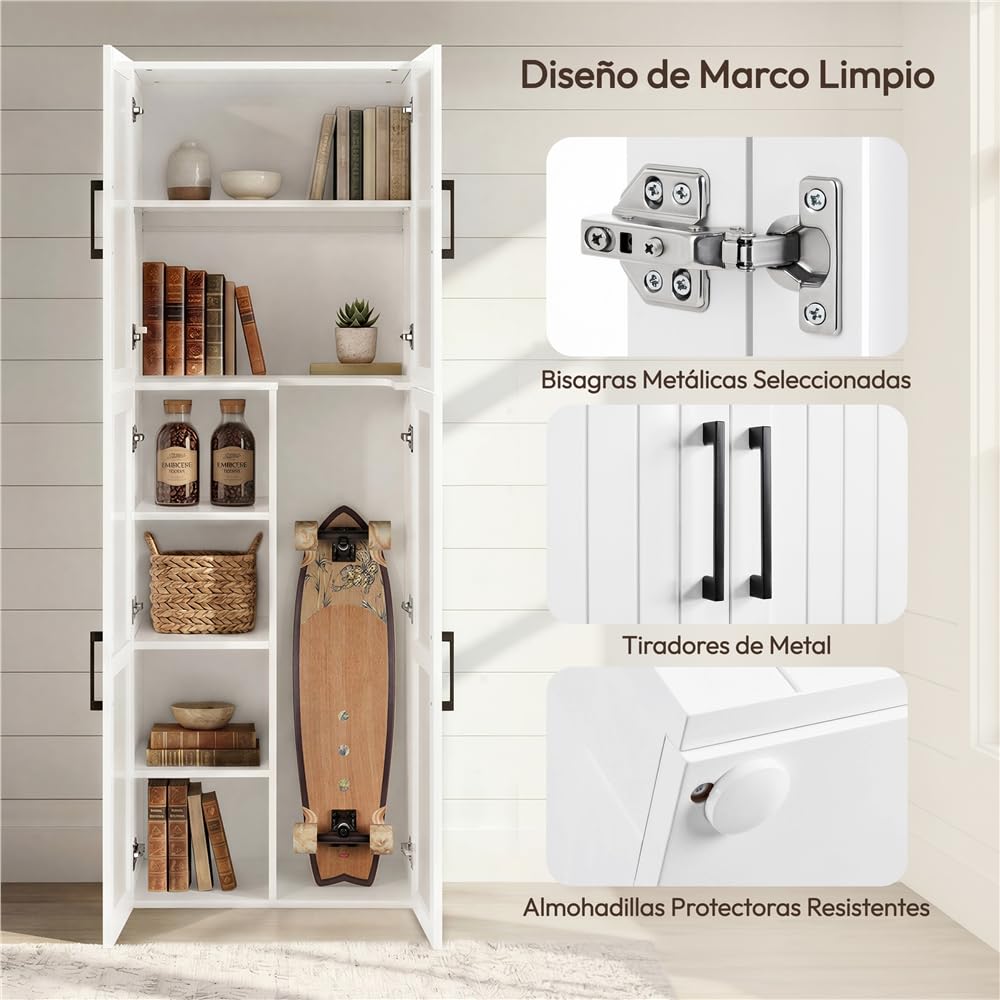 Yaheetech Armario de Almacenamiento Mueble Multiuso Estrecho Blanco | de 175,5cm de Altura y 37,5cm de Profundidad, con 4 Puertas y Compartimento para Aspiradora