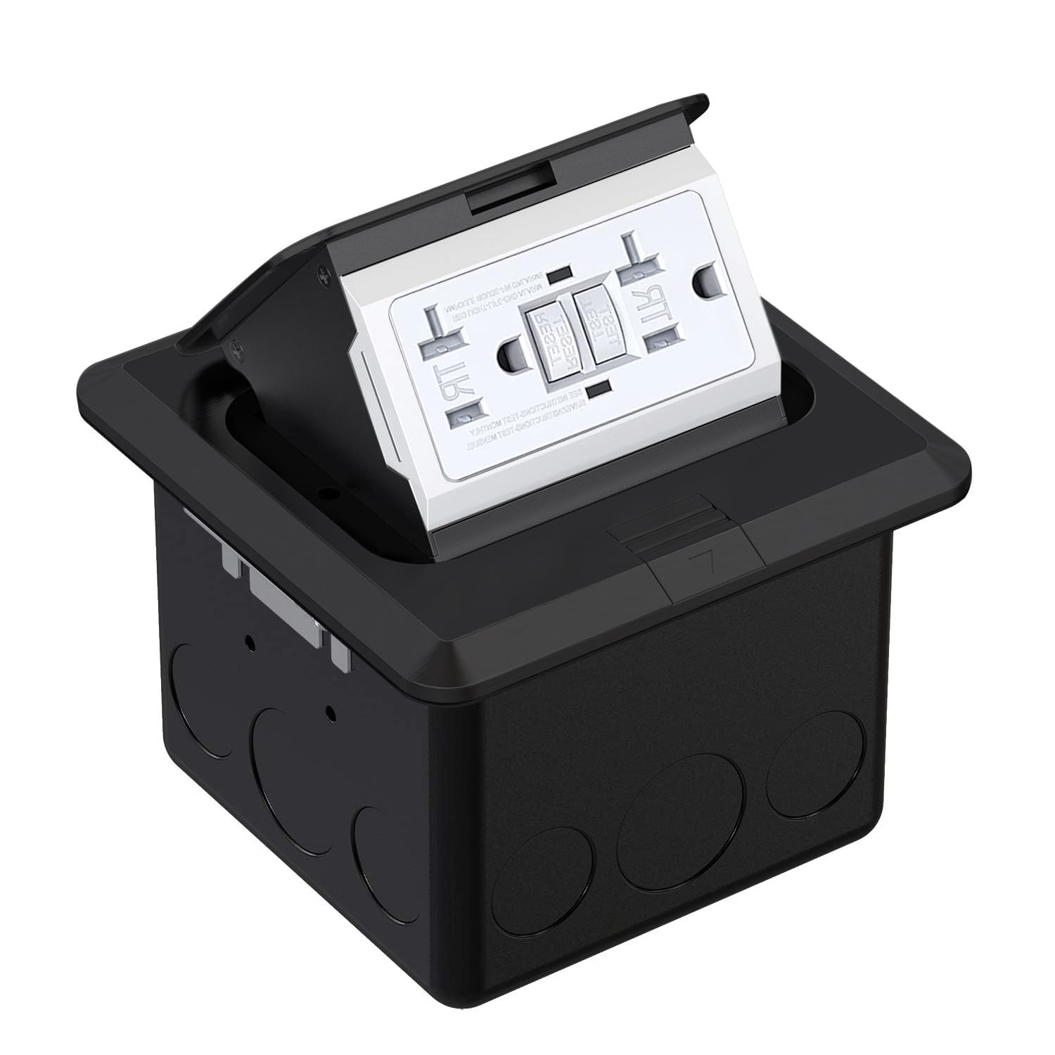 Pop-Up Floor Electrical Outlet Box – 20A GFCI Duplex Receptacle, Dampened Slow-Open, IP44 Waterproof, Aluminum/Stainless Steel, Black