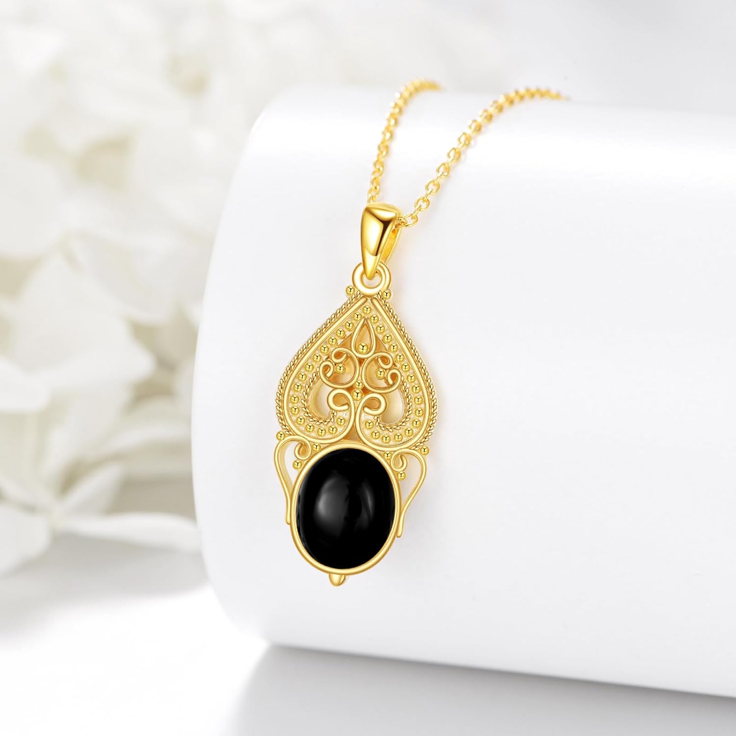 Black Onyx Necklace 925 Sterling Silver 18K Gold Plated Filigree Vintage Pendant Black Onyx Jewelry Gift for Women Girls - Image 3