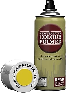 The Army Painter Colour Primer Daemonic Yellow, 400 mL Acrylic Spray Primer, Spray Paint Basecoat for Miniature Priming, Tabletop Roleplaying, Boardgames, and Wargames Miniature Modelling