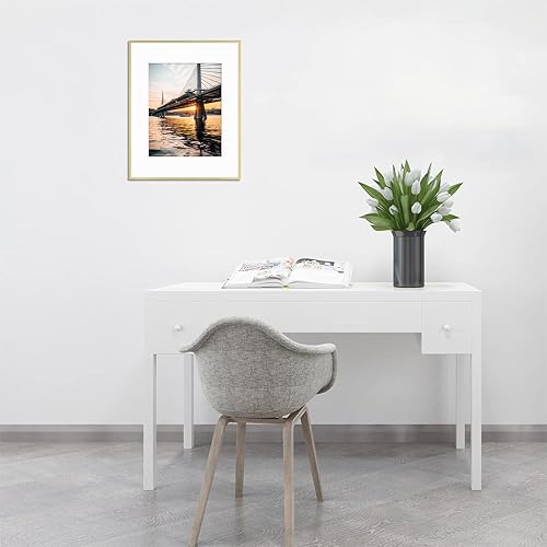 Vista 90 de Frametory - Marco de aluminio de 11 x 14 para fotos de 8 x 10 (en pulgadas), con paspartú marfil, de pared, con gancho de sierra, pestañas Bronce