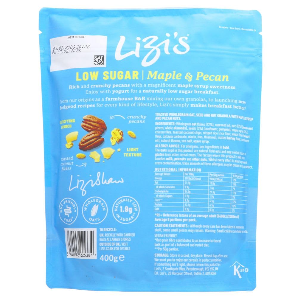 Lizi's Granola à faible teneur en sucre à l'érable et aux noix de pécan 500 g
