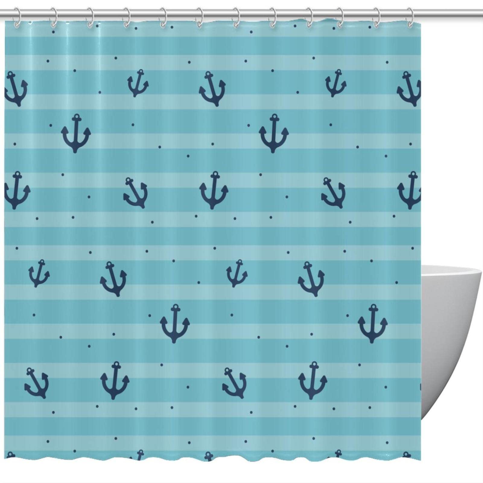 Rideau de douche avec crochets anti-adhérence motif ancre bleu pour douche propre