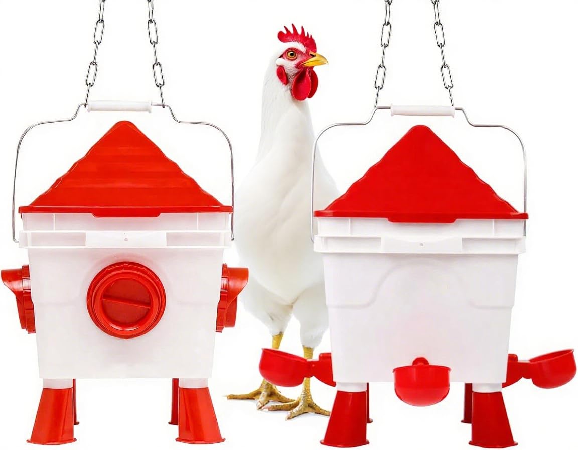 Set de Bebedero y Comedero para Gallinas 8KG/7L, Bebedero Gallinas Automatico, Comedero Gallinas Antipajaros con 4 Aperturas 4 Tazas, con Pies Ajustables y Cadenas de Acero