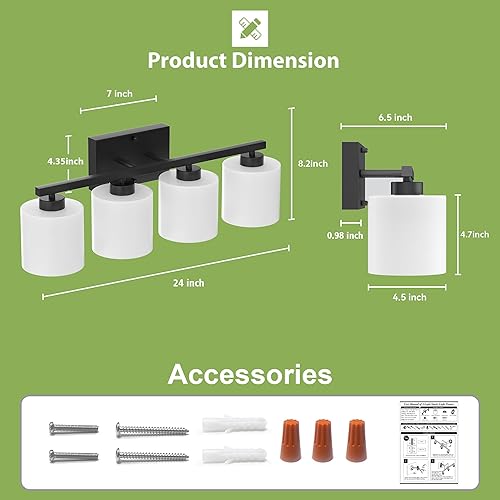 Miniatura 6 de Honesorn Luces de tocador de 4 luces, negro mate con pantalla esmerilada y acabado de níquel, iluminación moderna sobre espejo de baño