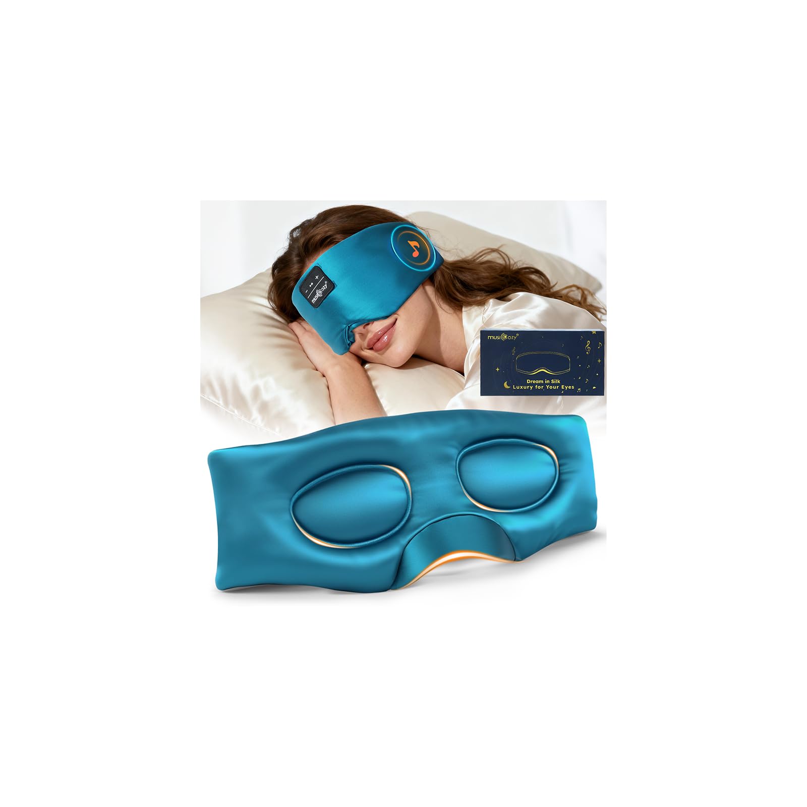 MUSICOZY Bluetooth Schlafmaske mit Kopfhörer aus 100% Maulbeerseide, 3D Schlafmaske für Seitenschläfer, 100% Verdunkelung, kein Druck auf Augen & Ohren, weich, atmungsaktiv, 14h Akku