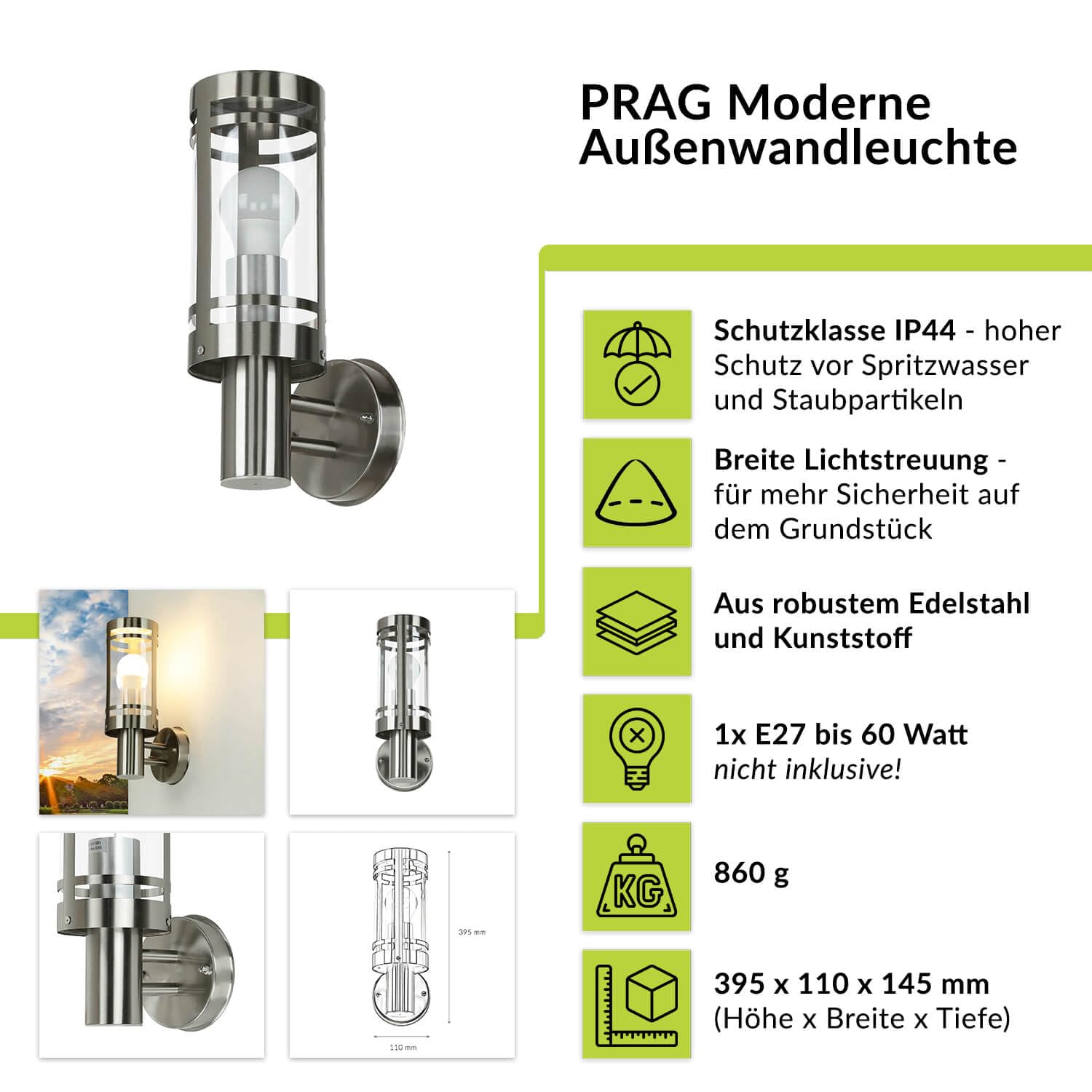 Easylight Außenlampe Edelstahl, Aussen Wandleuchte E27, B:11 cm, IP44, wetterfest, Garten, Terrasse, Balkon, Hoflampe Außen, aufwärts, Uplight, Außenlampe Wand