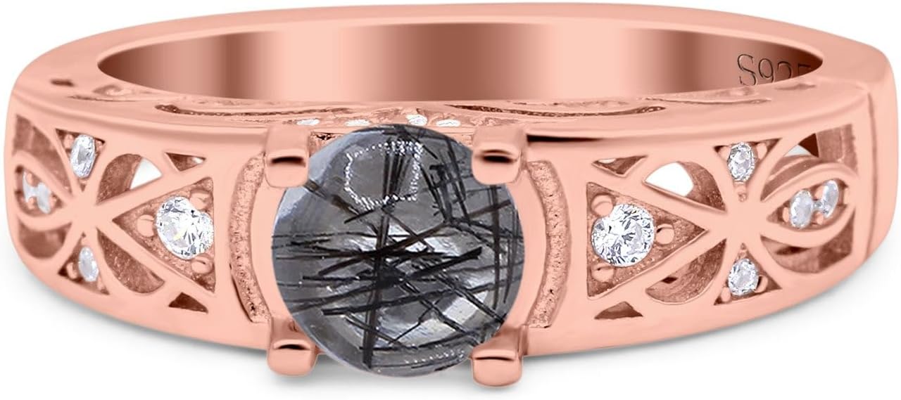 OMRANII Art Deco Round Natural Rutilated Quartz Trinity Filigree Design CZ Wedding Engagement Rings For Women 925 Sterling Silver Gifts for Her