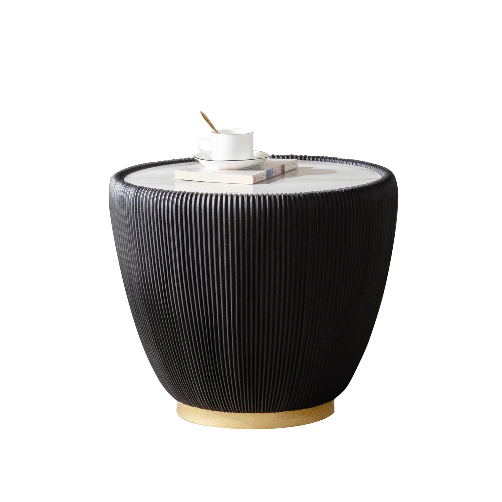 Maotifeys Modern Round End Table Luxury Sintered Stone Top Coffee Table in Black Leatherette Creative Bowl-Shape Small Coffee Side End Table for