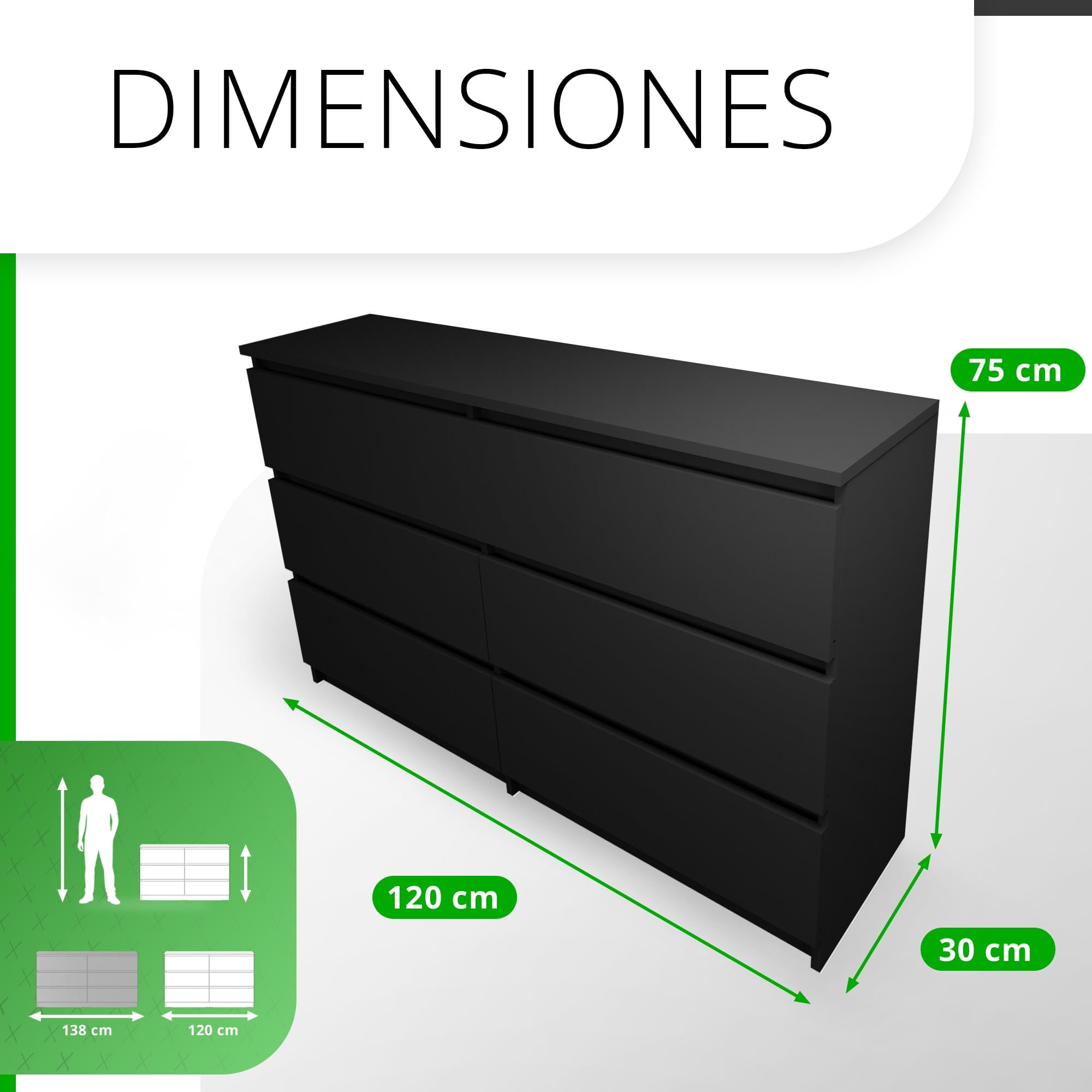 CDF Cómoda 6 Cajones Cajonera Dormitorios Comoda Moderna de Dormitorio Sinfonier Cómoda de Noche Armario de Almacenamiento, Mueble para Ropa - Placa laminada 16 mm Negro 30x120x75 cm