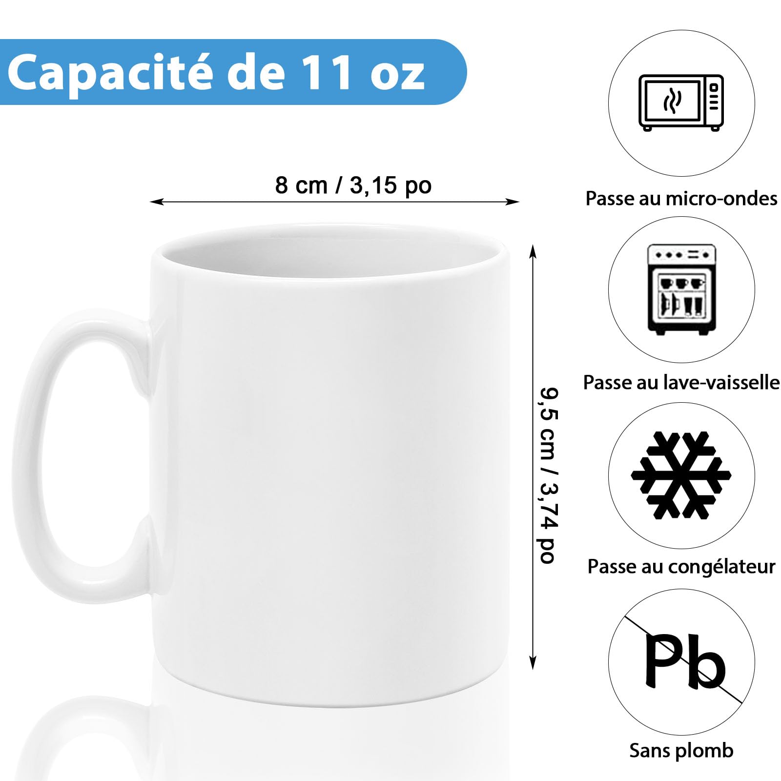 Lot de 12 Mugs Blancs pour Sublimation, 325 ml/11 oz | Tasses en Céramique pour Presse à Chaud avec 12 Boîtes Cadeaux, Personnalisables pour Café, Lait, Thé, Cadeaux et Projets DIY