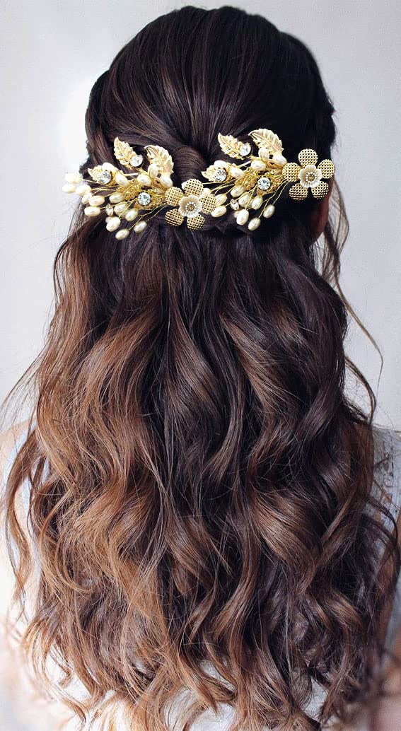 Hair Flare Artificial Flower and Leaves with Stones and Pearls Comb Slide Hair Pin/Hair Accessories/Juda Pin for Women and Girls-2430, Pack of 2