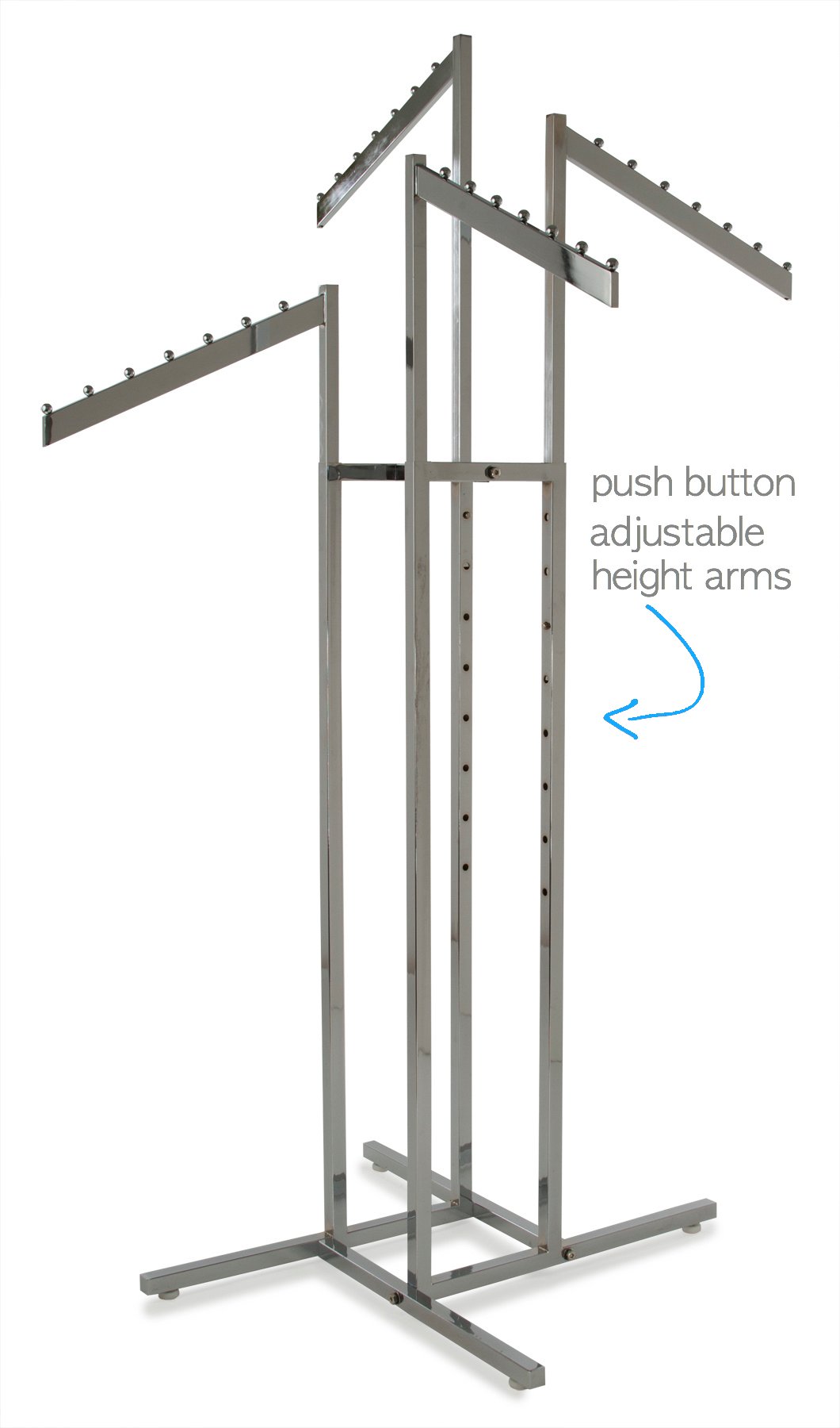 Only Garment Racks - Heavy Duty Chrome 4 Way Rectangular Arm Clothing Rack, Adjustable Height Waterfall Arm Garment Rack, Perfect for Retail Clothing Store Display - Rectangular Tubing Slant Arms