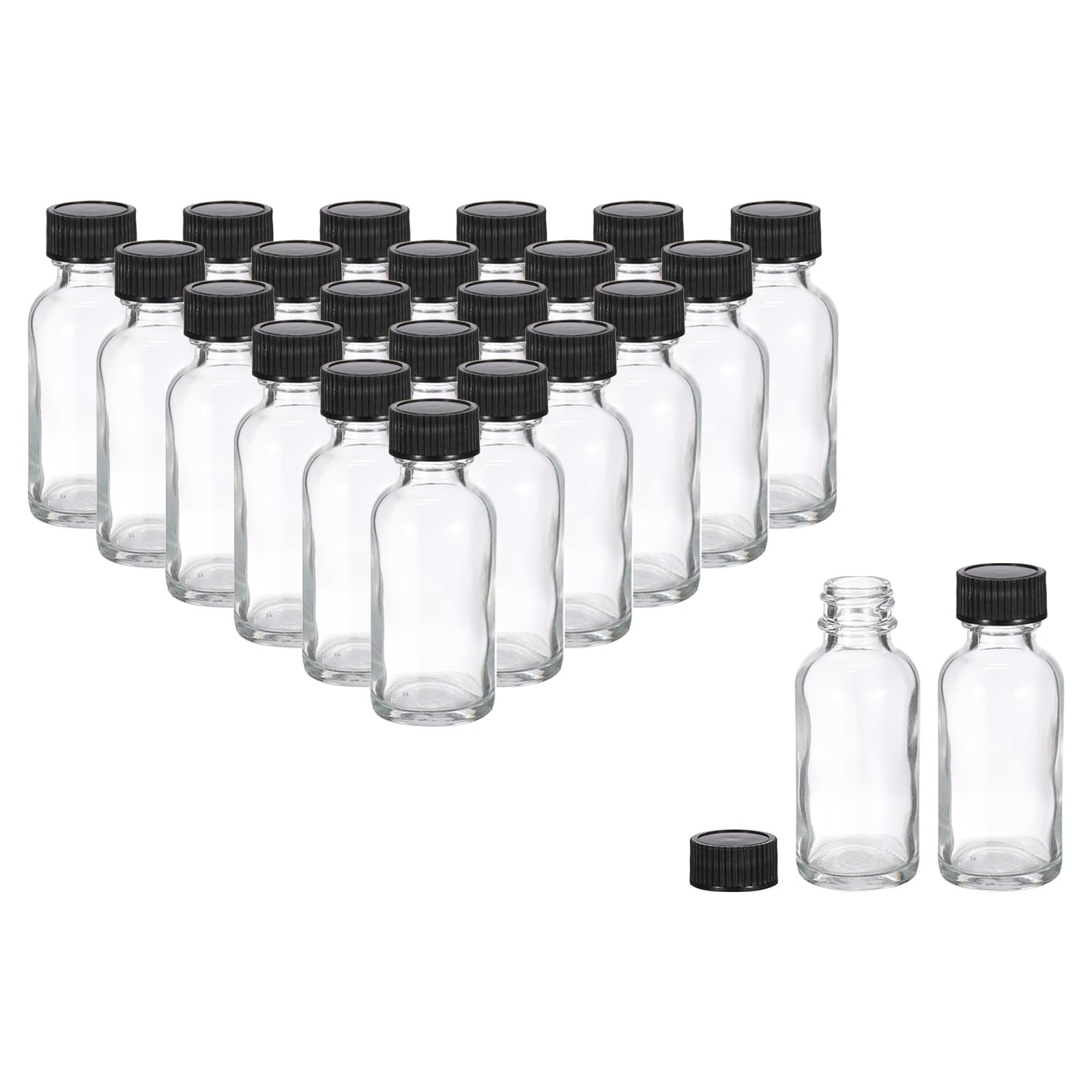 PATIKIL Bottiglie in vetro da 30 ml, 24 flaconi erogatori rotondi con tappo nero a cono in polietilene per liquidi reagenti, succhi, profumi, salsa piccante e colpi di zenzero, trasparenti